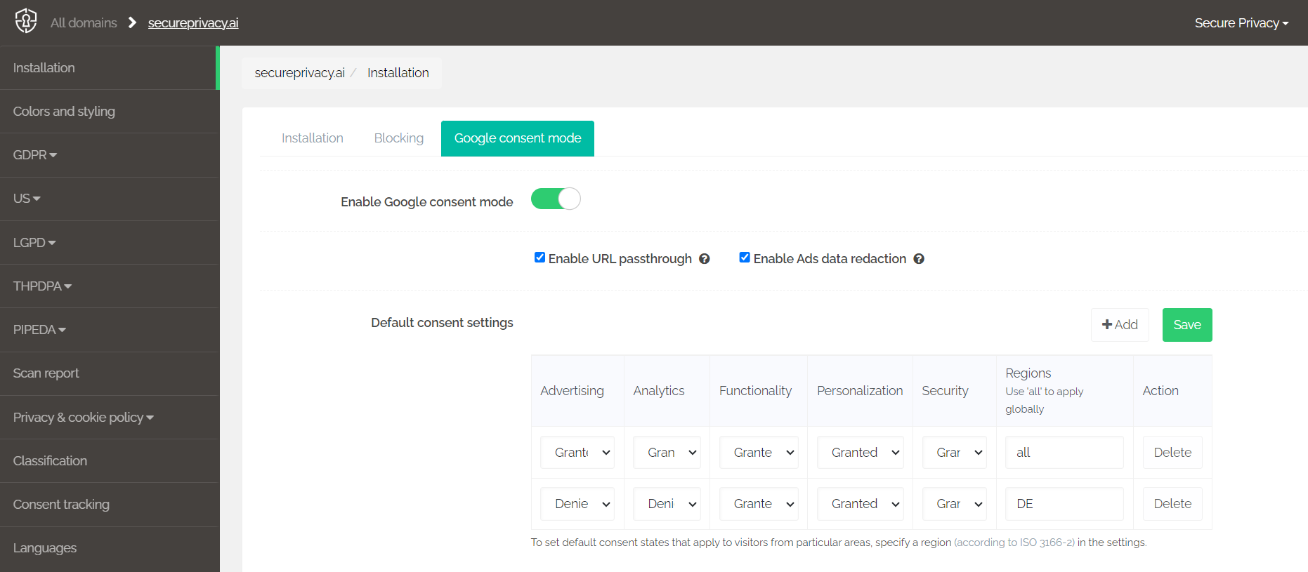 Enable Google consent mode toggle in Secure Privacy