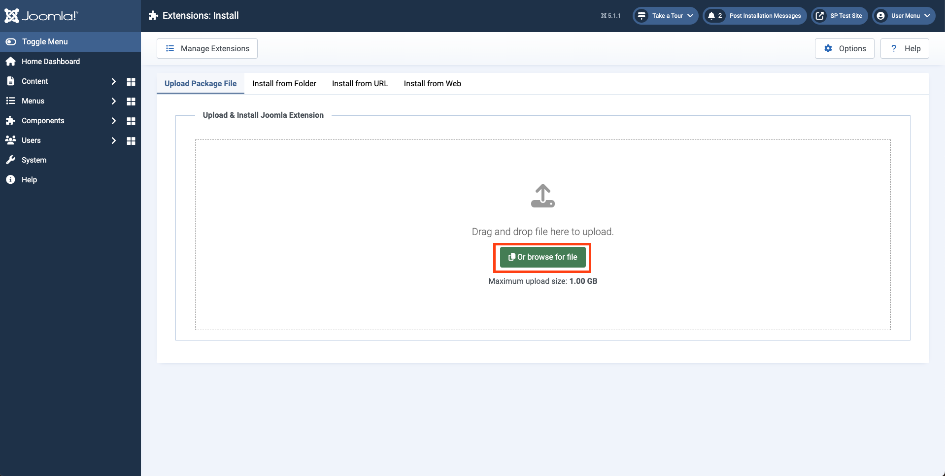 [screenshots: Joomla admin interface - Install - Extensions