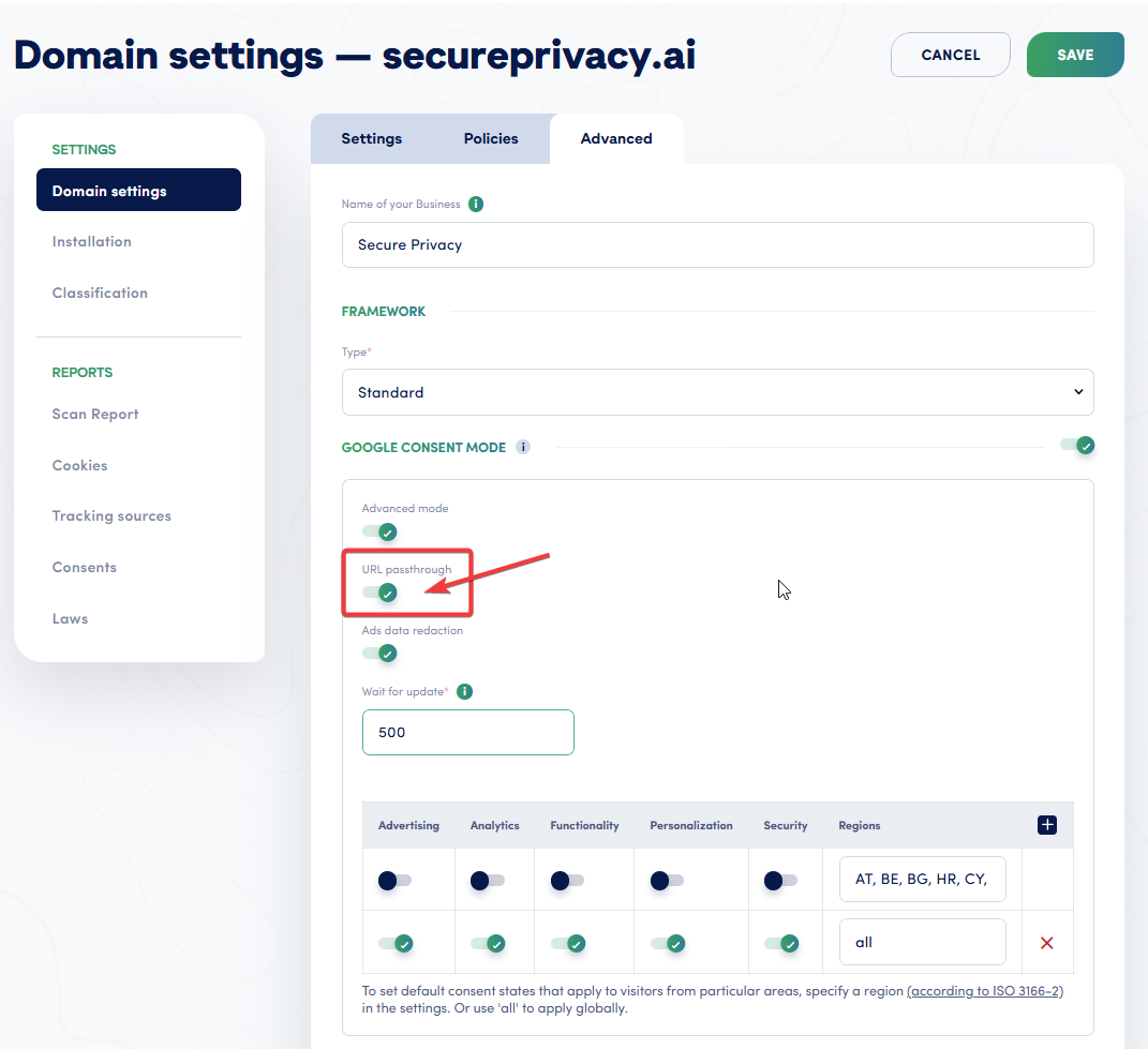 Secure Privacy domain settings panel showing URL Passthrough toggle enabled under Google Consent Mode Advanced mode