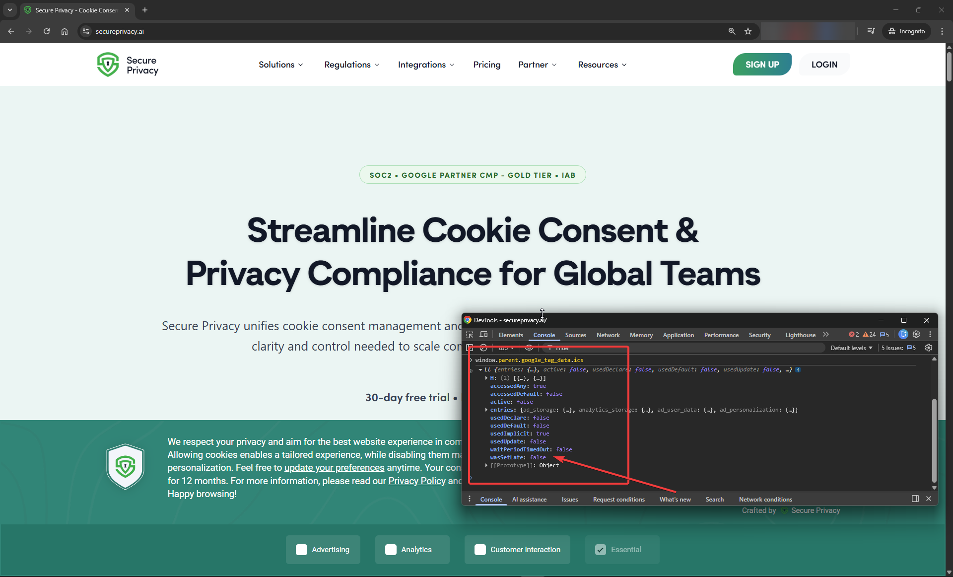 Chrome DevTools console on secureprivacy.ai showing window.parent.google_tag_data.ics object with wasSetLate: false confirming no consent race condition