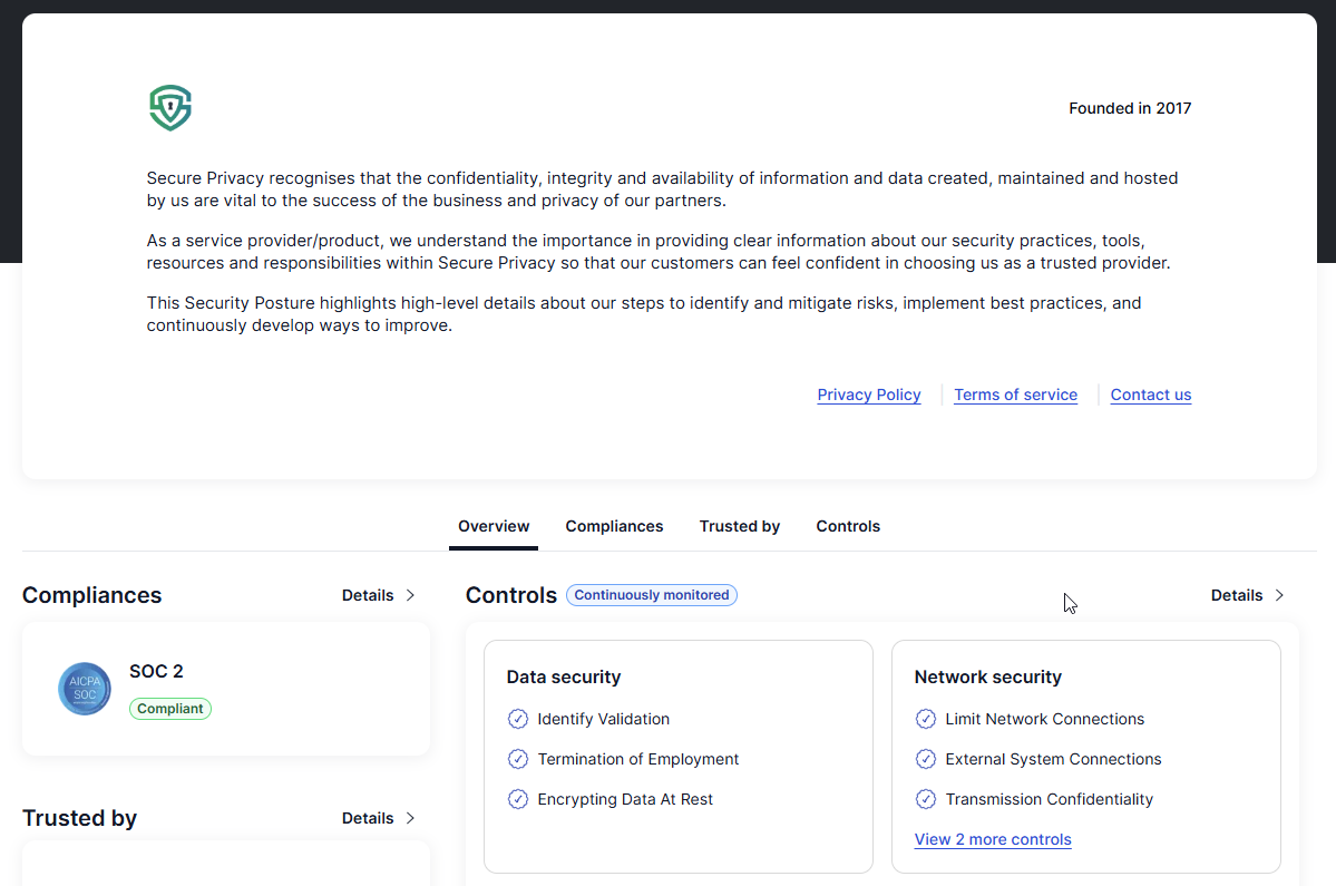 Secure Privacy compliance page showing SOC 2 compliance information