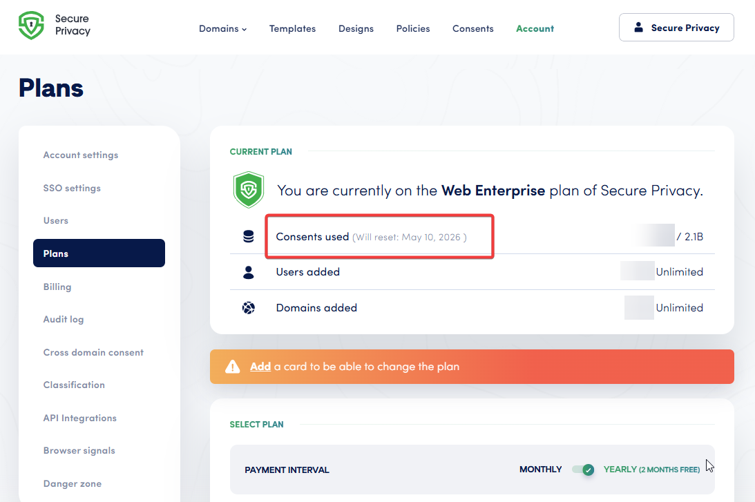 Secure Privacy dashboard showing current plan with some consents used