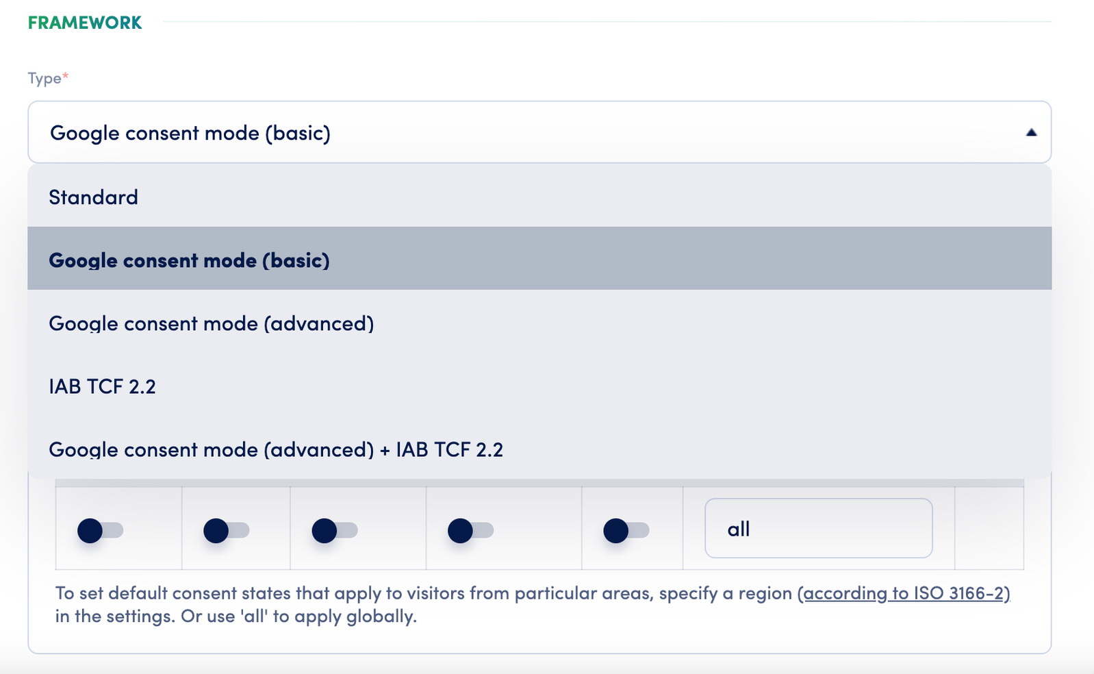 [screenshot: Google consent mode (basic) framework selection page]