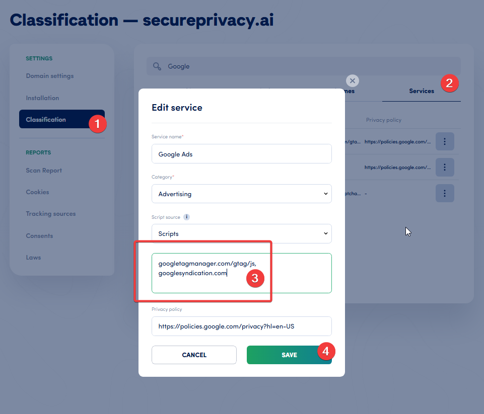 Secure Privacy Classification settings — Edit service modal showing Google Ads configured with googletagmanager.com and googlesyndication.com script sources for cookie consent blocking