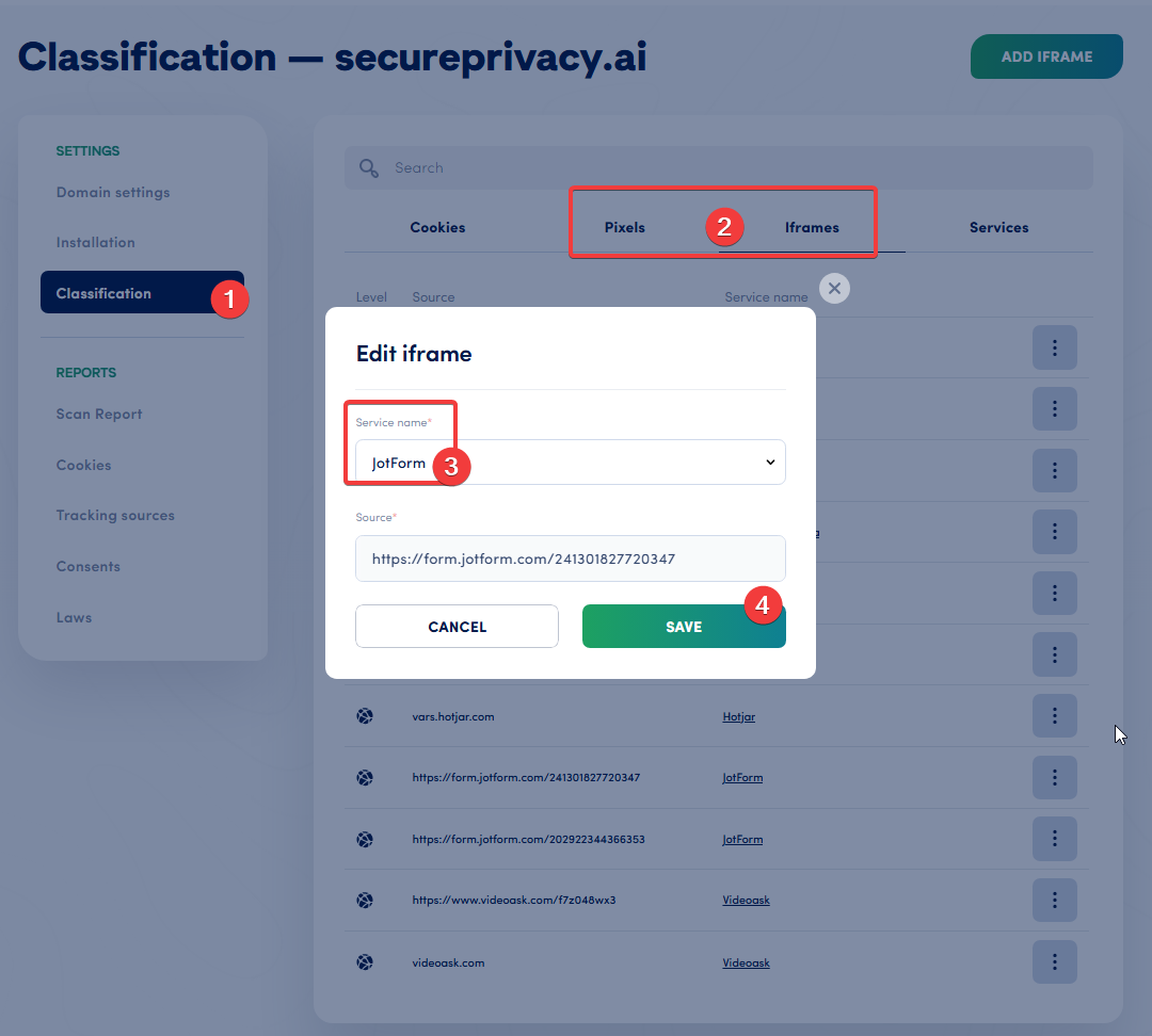 Secure Privacy Classification dashboard — Edit iframe modal showing JotForm service attached to an iframe source URL under the Iframes tab