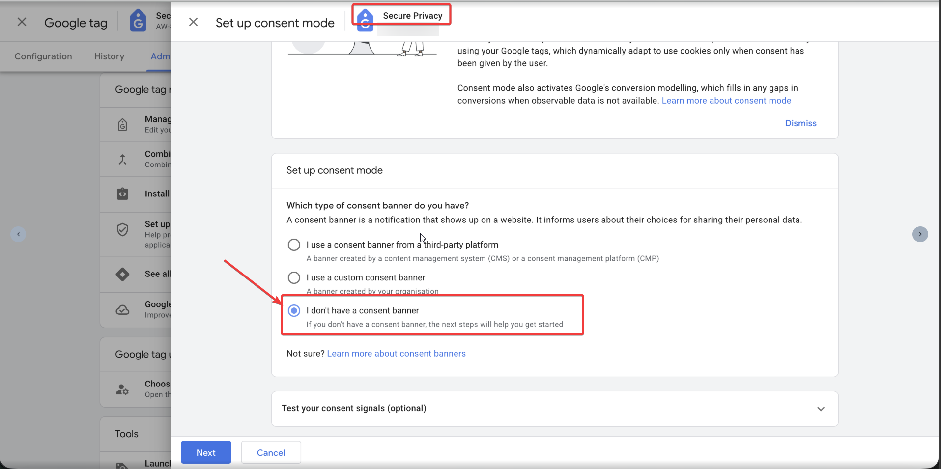 Google Tag Manager Admin tab showing the Set up consent mode option under Google tag management