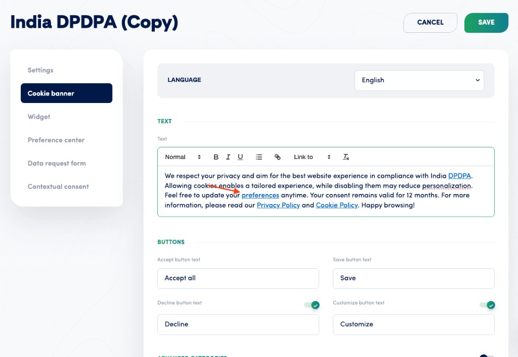 Secure Privacy cookie banner text showing the word 'preferences' hyperlinked to the Self-Service Privacy Rights Portal external data request form