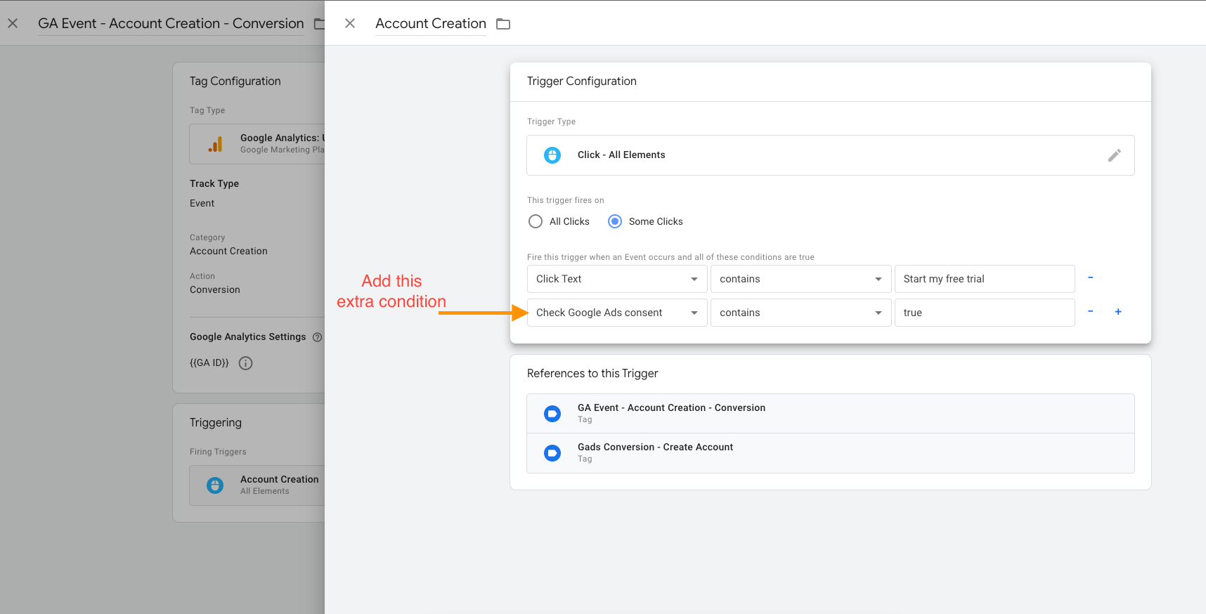[screenshot: GTM trigger configuration with consent condition added]