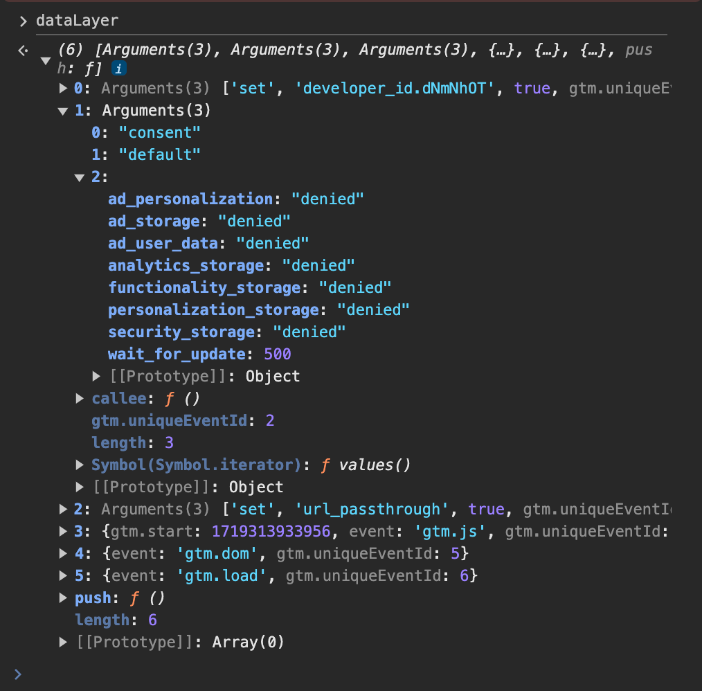 [code snippet: dataLayer object with consent status and developer ID]