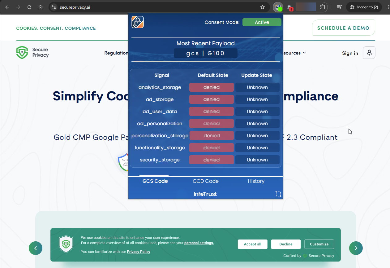 Consent Mode Inspector Chrome extension by InfoTrust showing the granted and denied status for each Google Consent Mode category