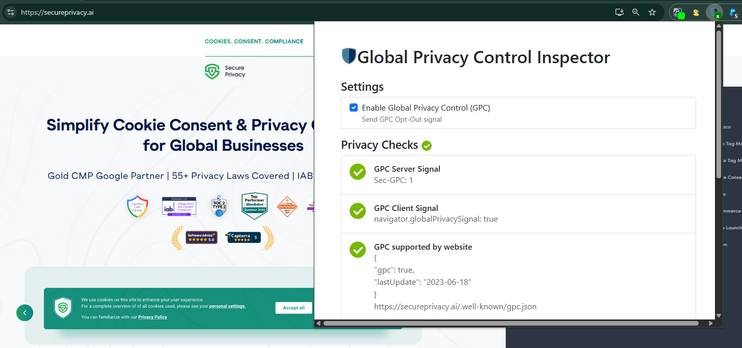 [screenshot: Global Privacy Control Inspector extension showing GPC enabled on https://secureprivacy.ai]