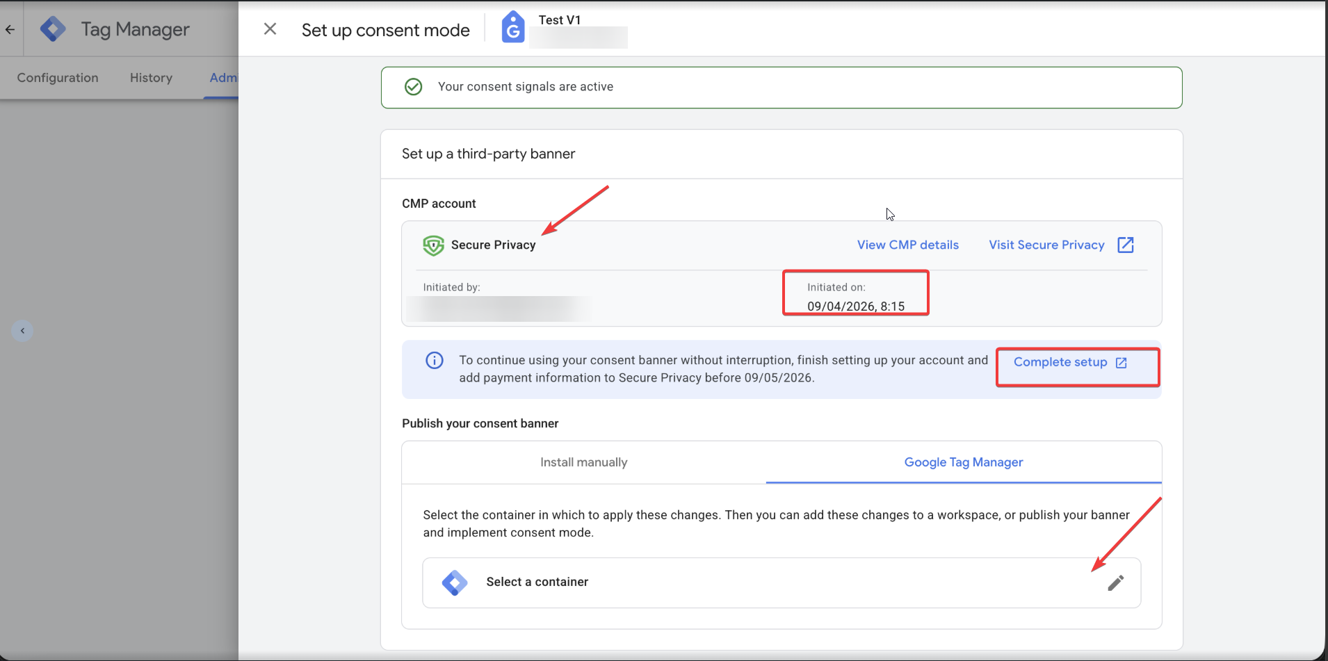 Google consent mode confirmation screen showing Secure Privacy connected as the CMP with options to publish the consent banner