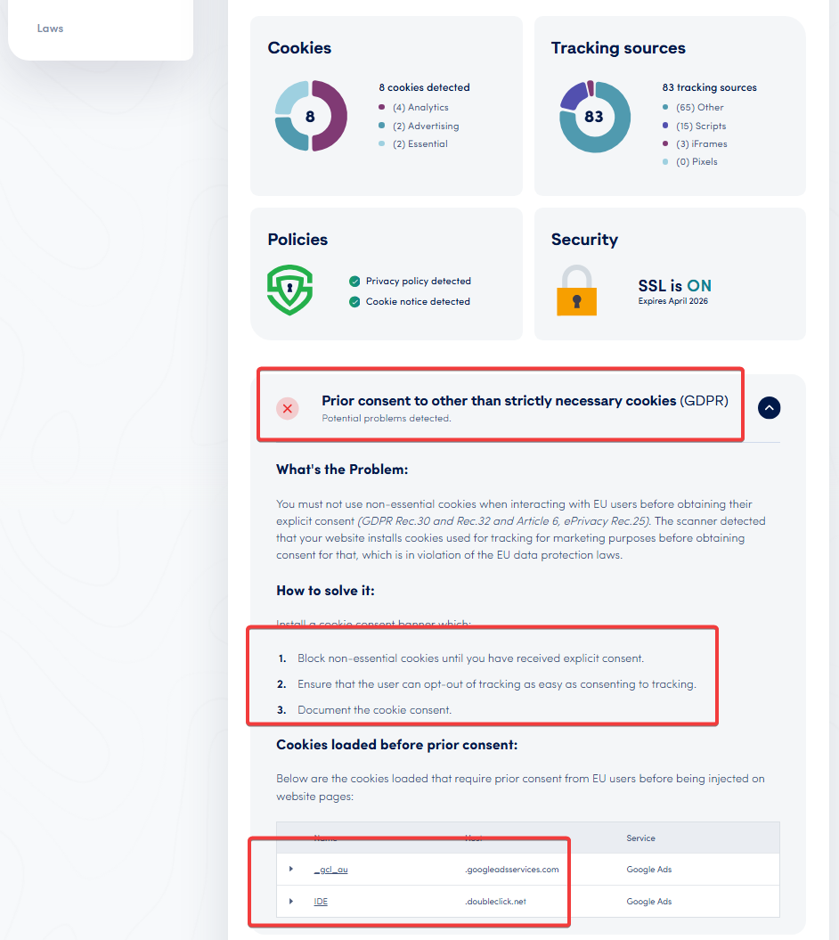 Secure Privacy scan report showing Prior Consent GDPR violation — cookies including Google Ads _gcl_au and IDE loading before user consent is obtained