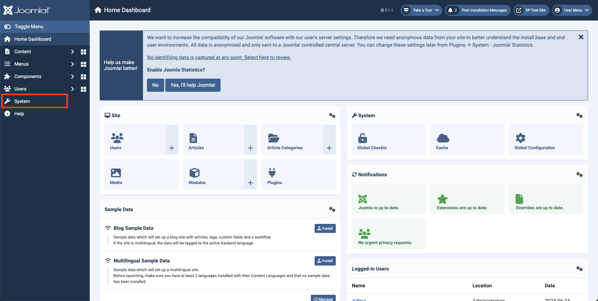 [screenshots: Joomla admin interface - Administrator --System
