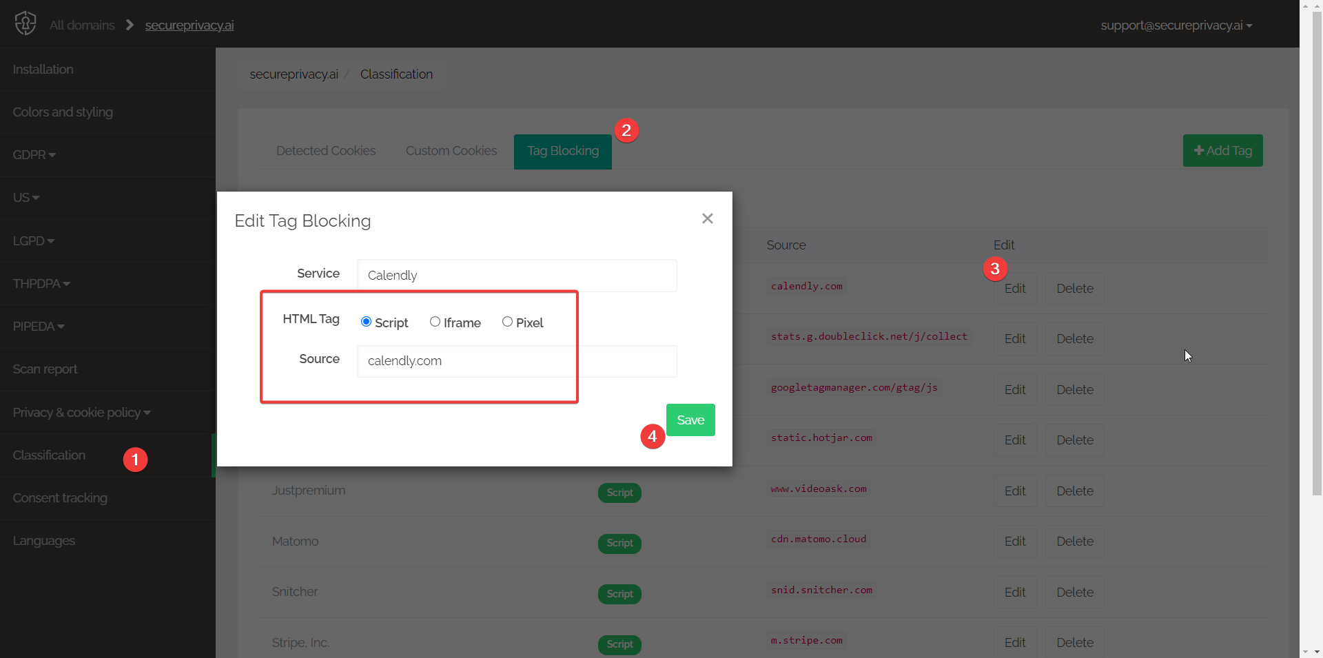 Tag Blocking tab with source being added to enable blocking