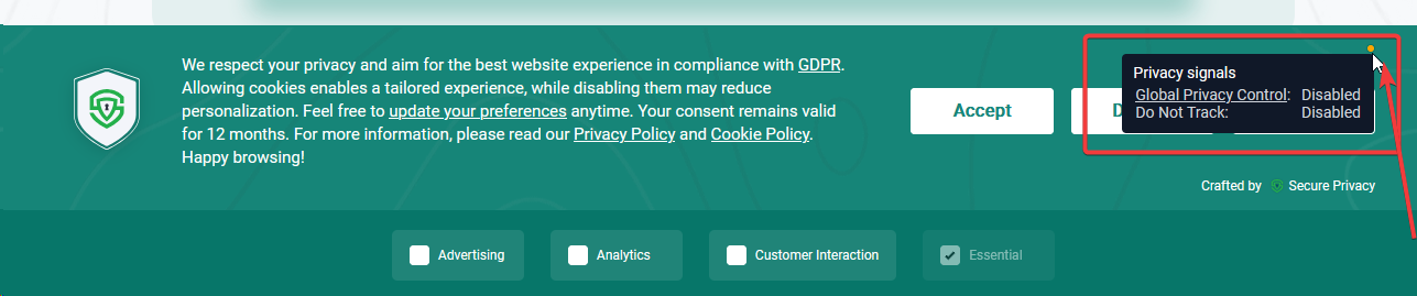 Secure Privacy cookie consent banner showing browser privacy signals indicator with Global Privacy Control and Do Not Track status displayed to visitor