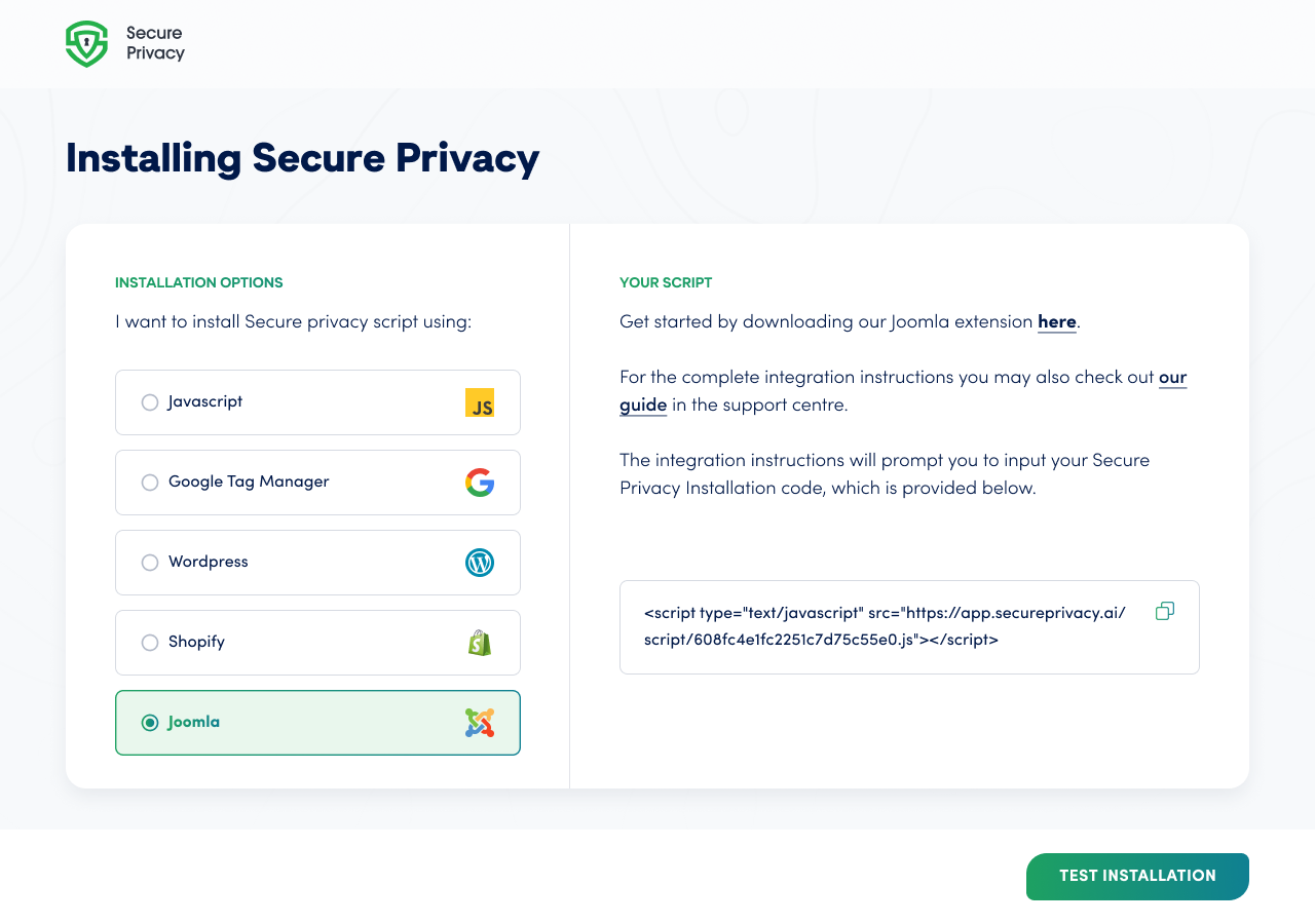 [screenshot: Secure Privacy Joomla script installation options]