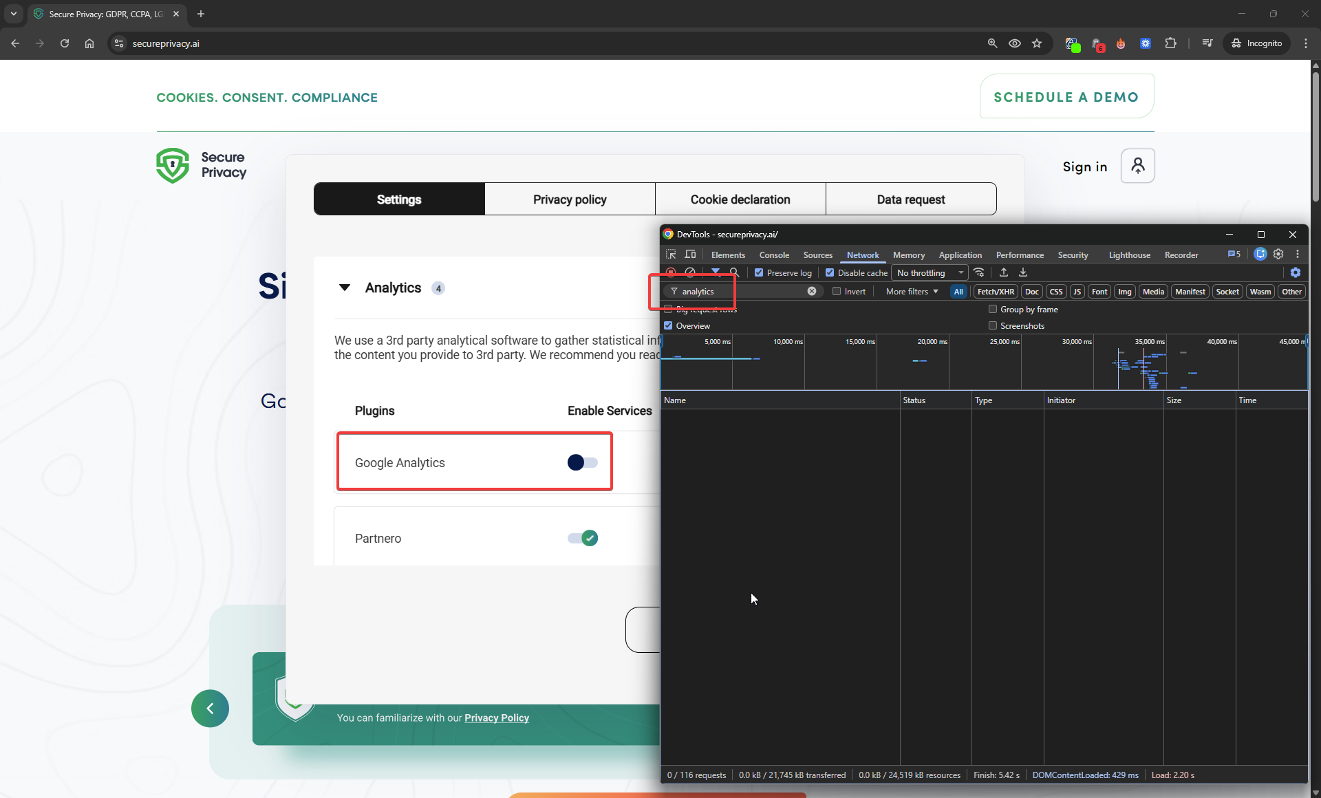 Browser DevTools Network tab filtered to google-analytics.com showing zero results after cookie consent is declined and the page is refreshed — confirming tracking is blocked