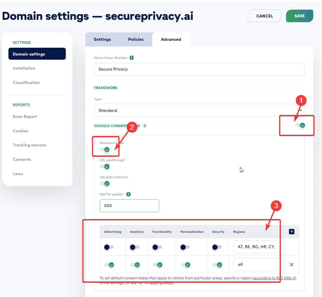 Secure Privacy domain settings showing three steps to enable Google Consent Mode Advanced: step 1 enable Google Consent Mode master toggle, step 2 enable Advanced mode, step 3 configure per-region default consent states