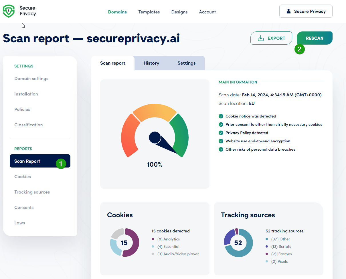 [screenshot: Scan Report screen with Rescan button highlighted]