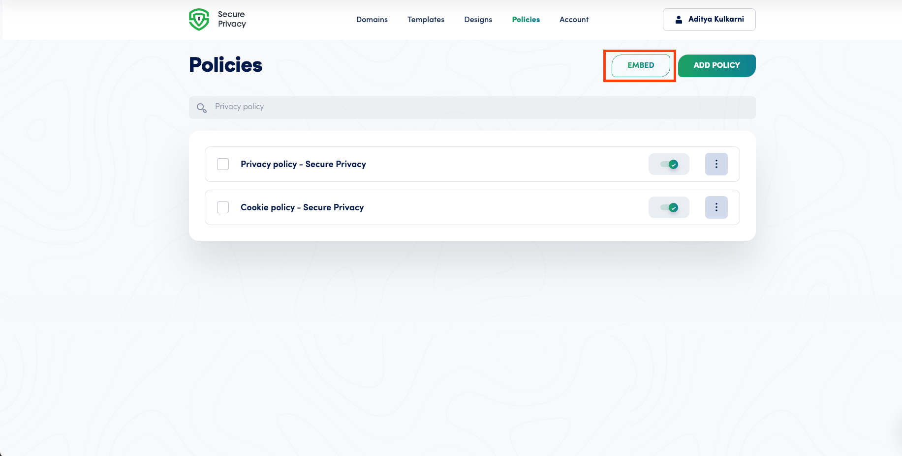 [screenshot: the "Policies" dashboard -> Embed button location]