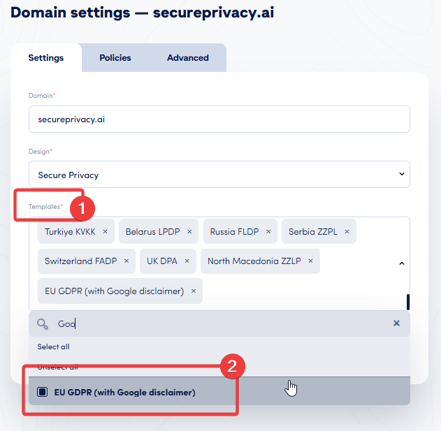 Secure Privacy Domain Settings page showing the Google EU UCP template enabled for the selected domain